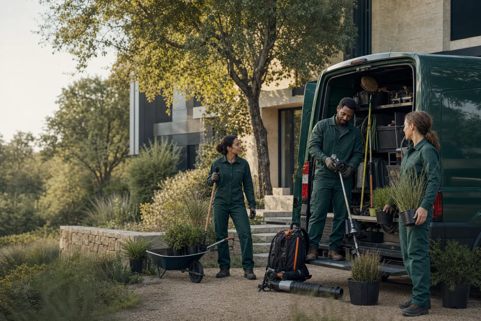 A diverse outdoor-care team preparing tools and plants beside a service van