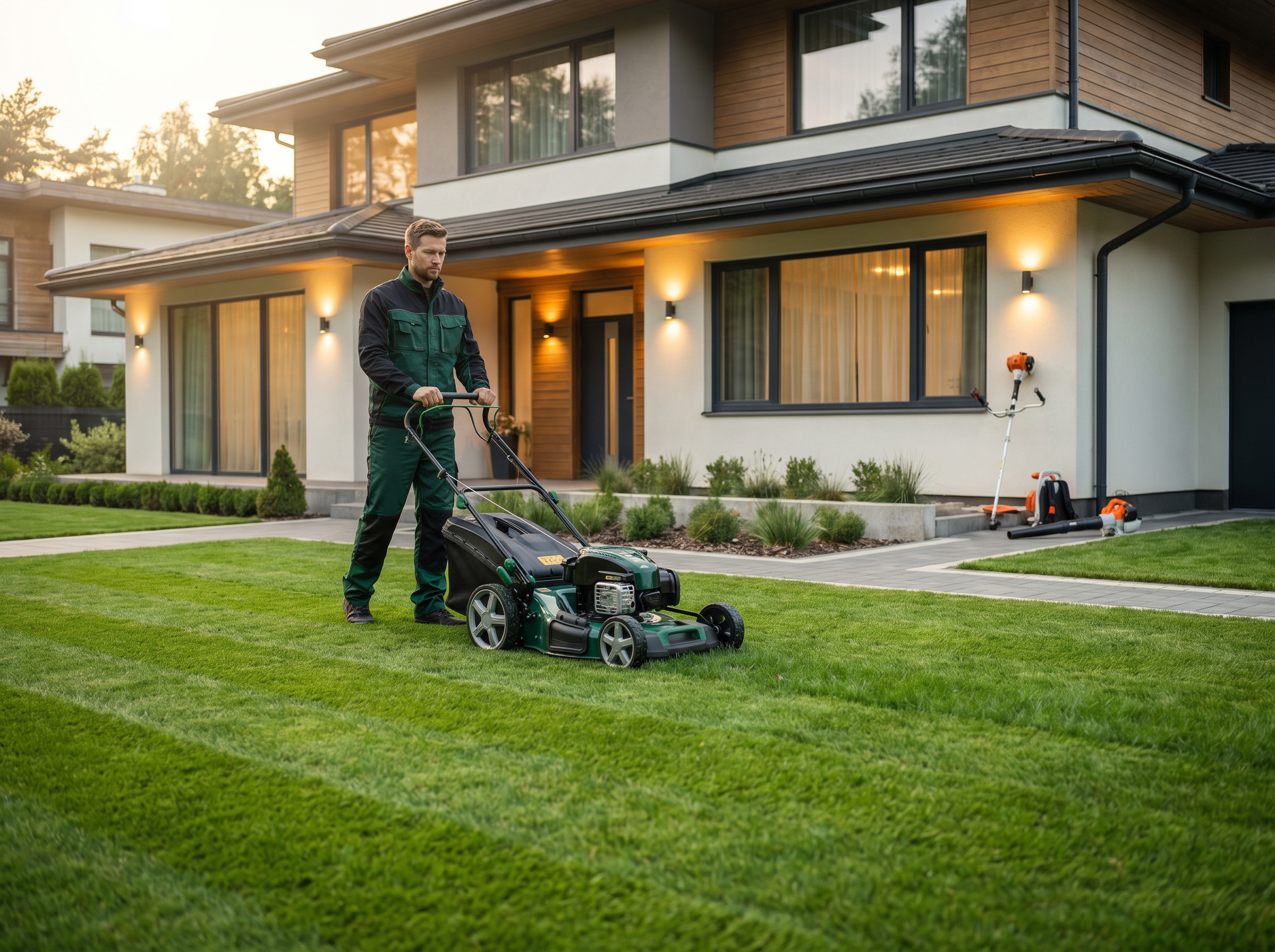 Outdoor-care professional completing lawn work at a residential property